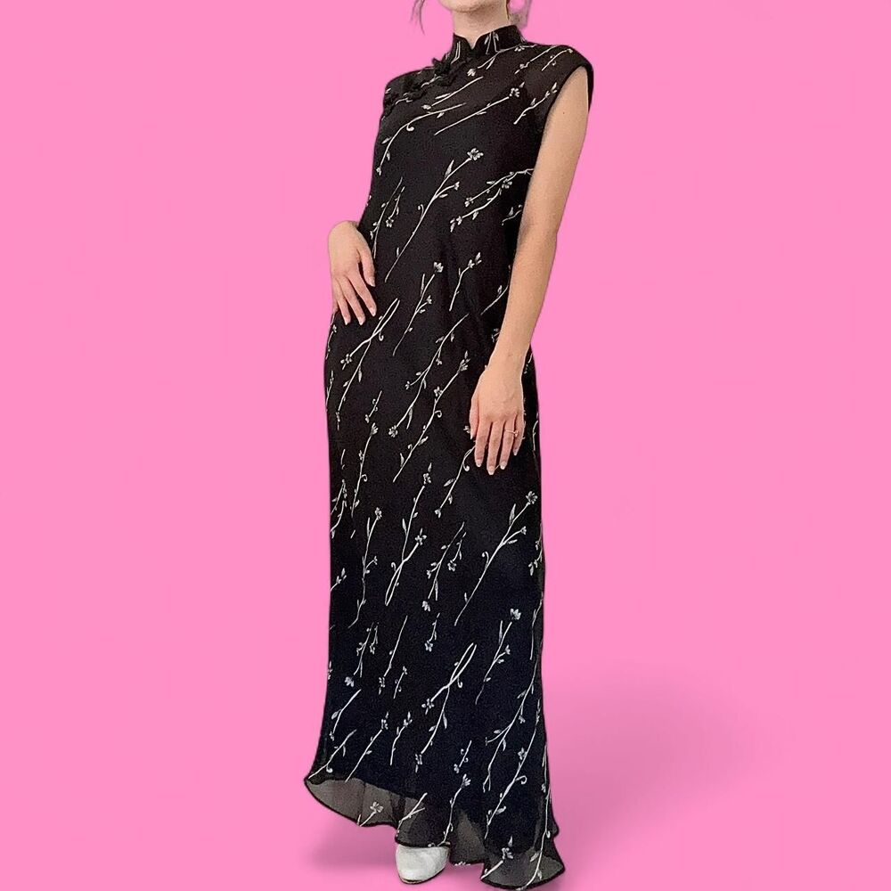 Black vintage floral qipao maxi dress with sheer sleeves and high neckline